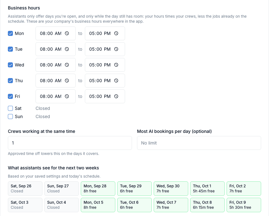 FieldCommerce AI booking settings: business hours, crew count, and the open days AI assistants can offer for the next two weeks