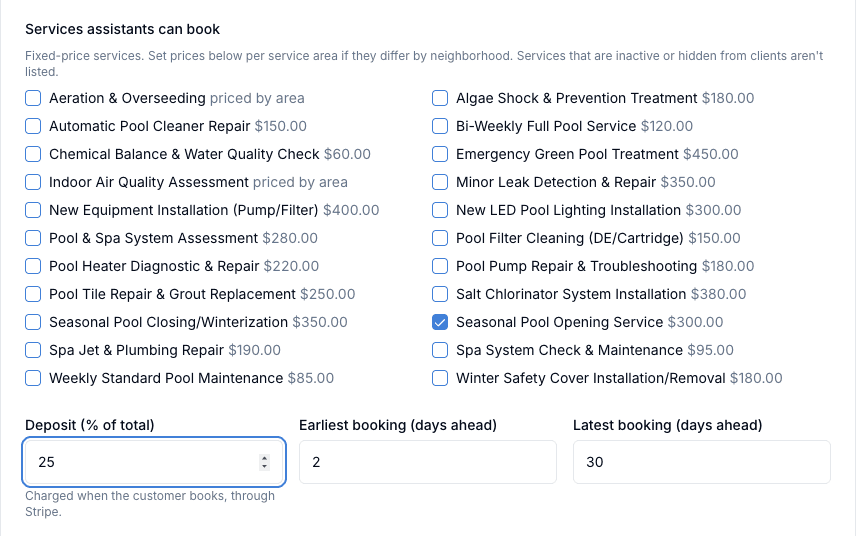 FieldCommerce AI booking settings: choosing which services assistants can book and the deposit percentage