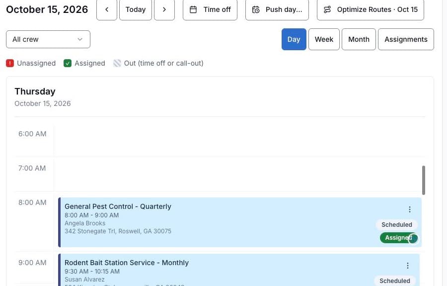 FieldCommerce calendar with quarterly pest control and monthly rodent bait station visits
