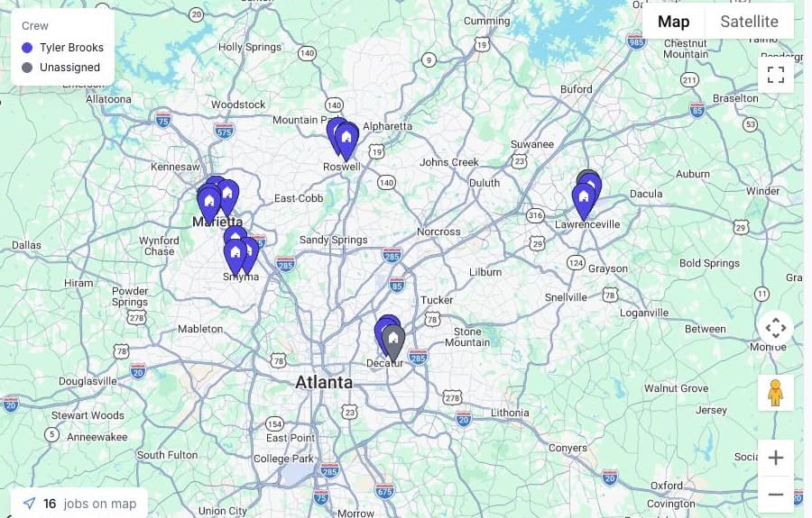 FieldCommerce jobs map with pest control stops color-coded by technician