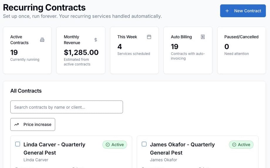 FieldCommerce recurring contracts with quarterly general pest plans