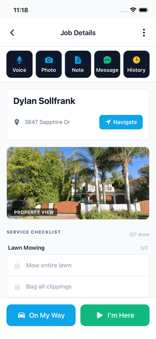 FieldCommerce app - Job details with property view and service checklist