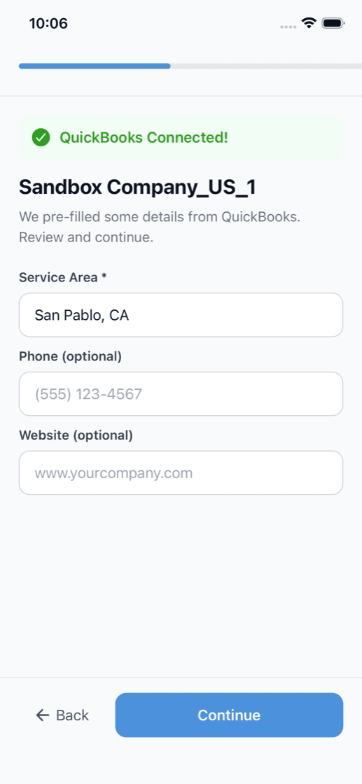 QuickBooks connected with company details imported