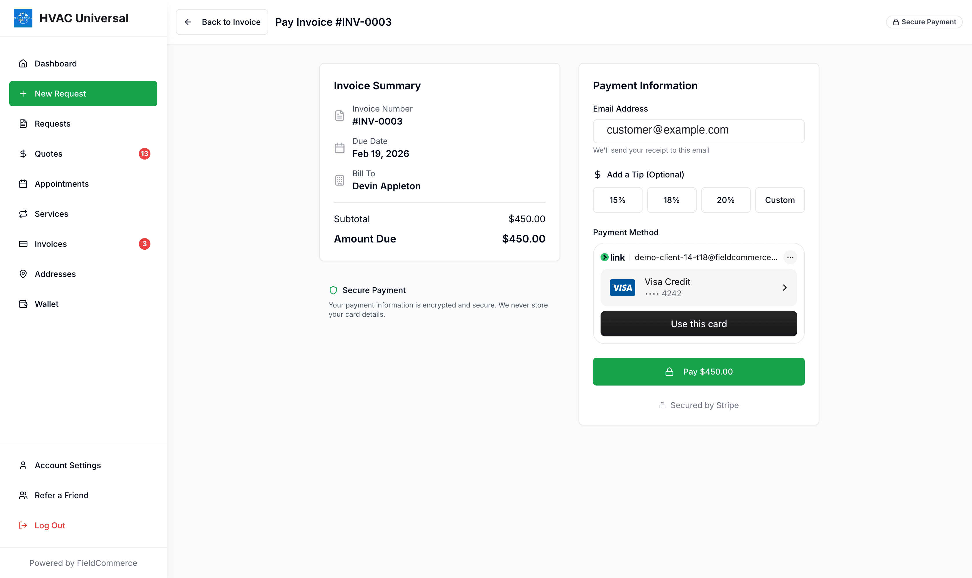 FieldCommerce customer payment page with wallets, saved cards, and tipping